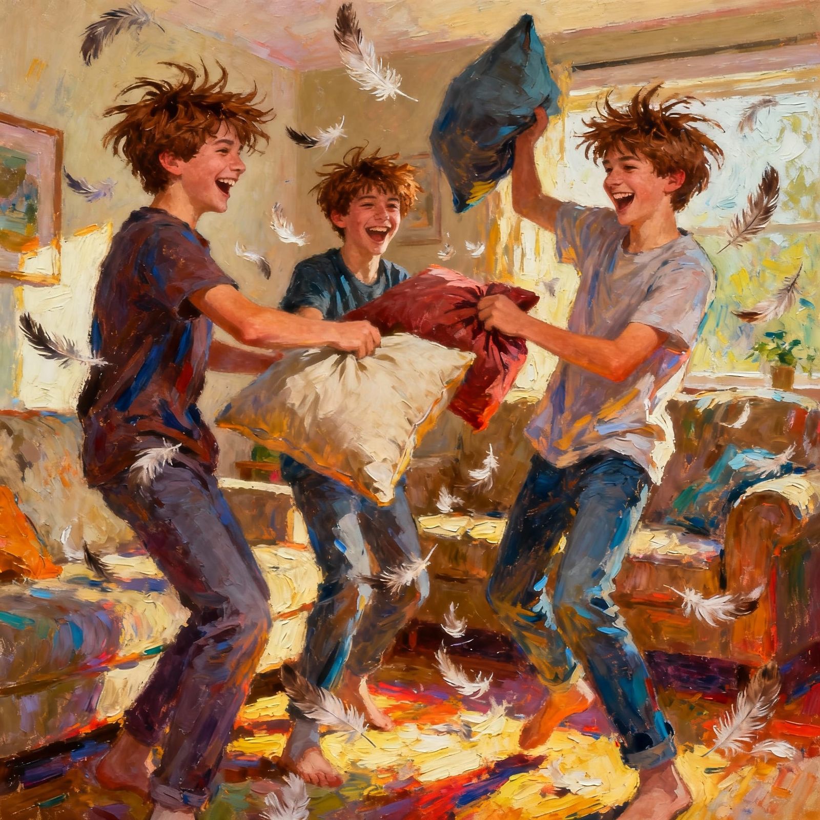 Joyful Chaos: Brothers Pillow Fight in Gauche Style