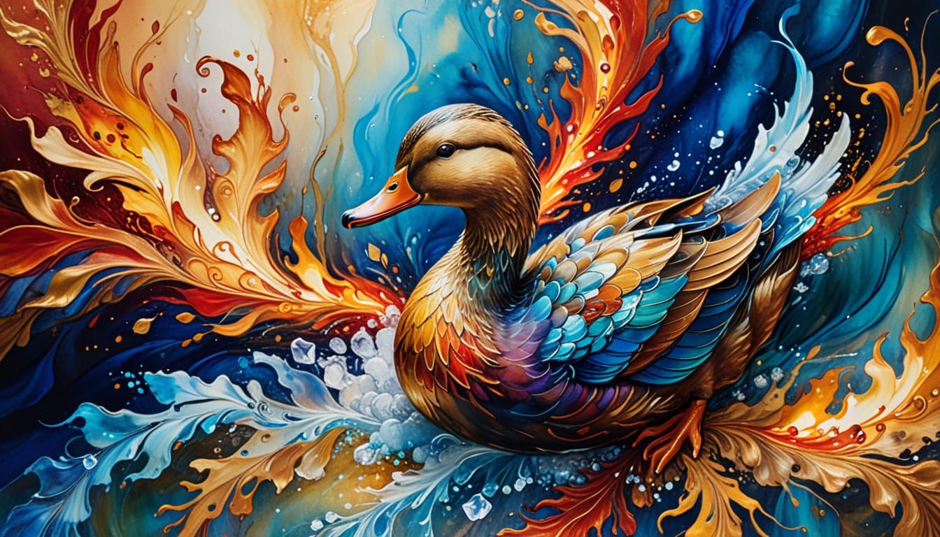 Flaming Ice Duck in Surrealist Style
