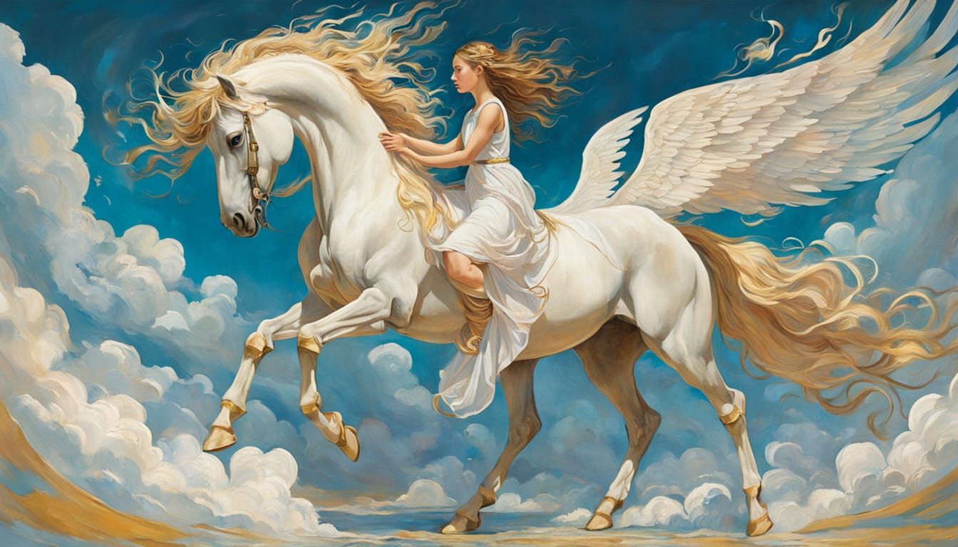 Majestic Winged Steed Descends Amidst Heavenly Whispers