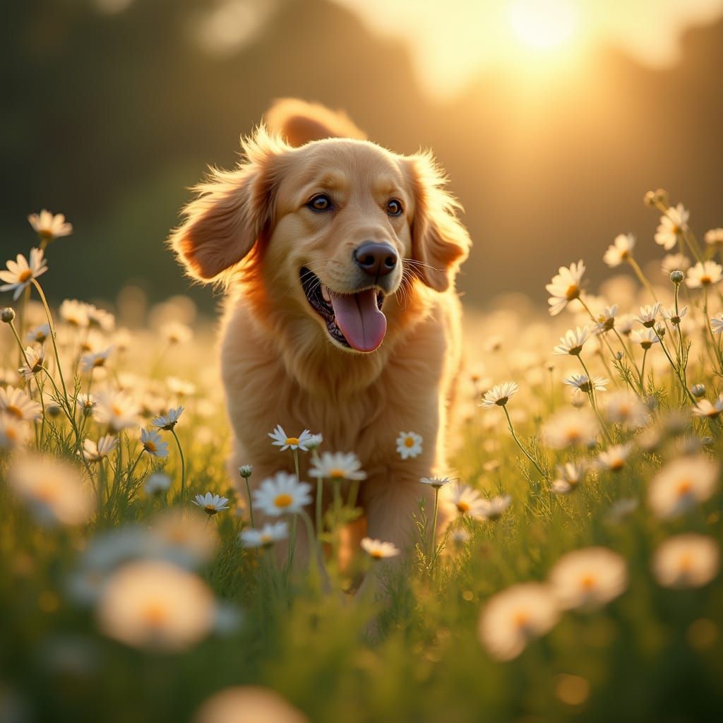 Golden Retriever in Daisy Field: Photorealistic Style