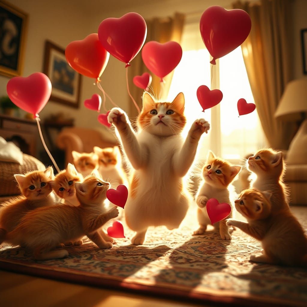 Playful Cat and Kittens with Heart Balloons
