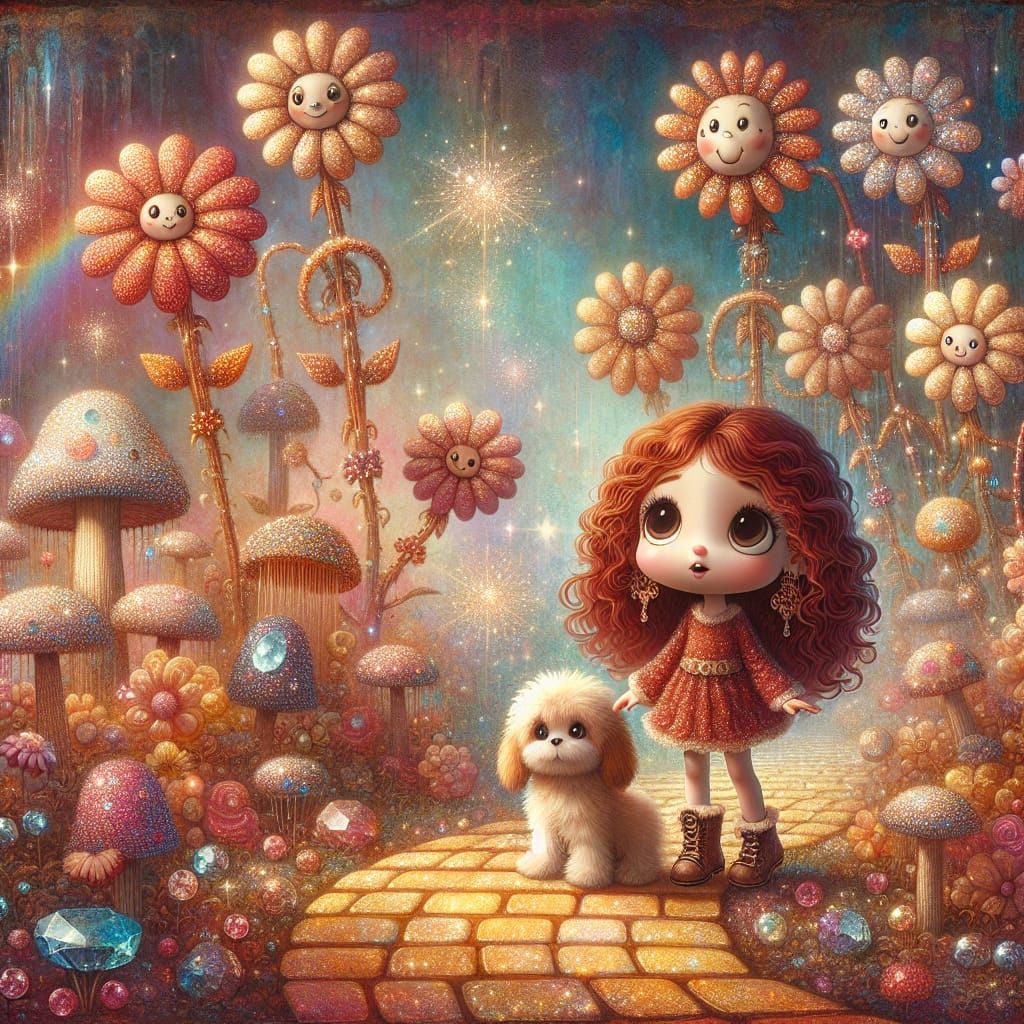 Girl and Puppy in a Psychedelic Ethereal Garden
