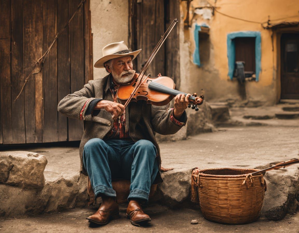Rustic Village Musician in Folk Art Style