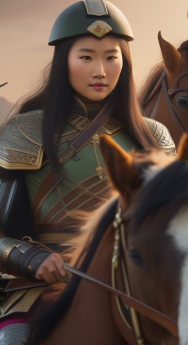 Beautiful Mongol Warrior Princess on Horseback, Hyperdetaile...