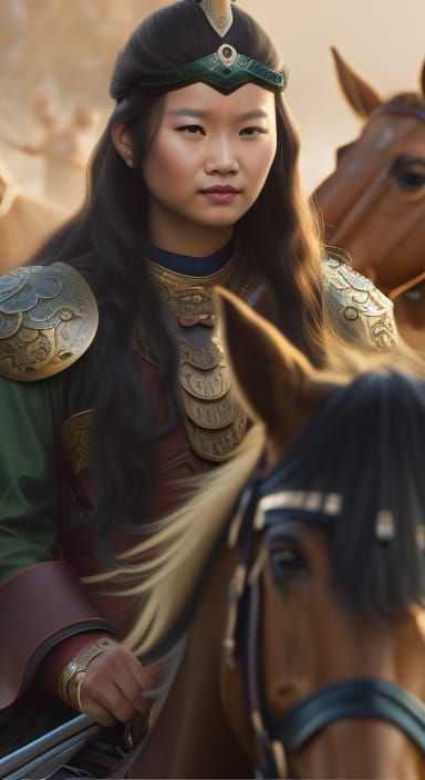 Mongol Warrior Princess on Horseback in Hyperdetailed Digita...