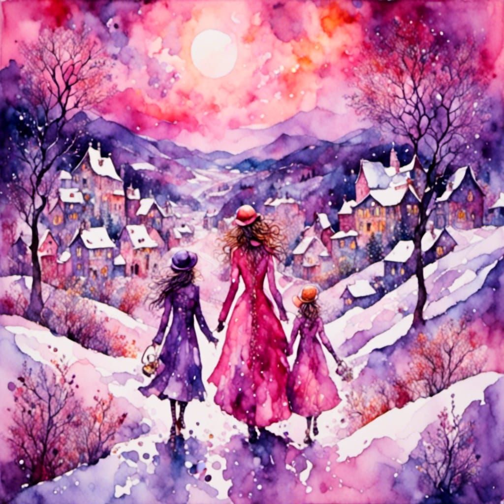 Girls Walking in Snowy Sunrise: A Romantic Watercolor