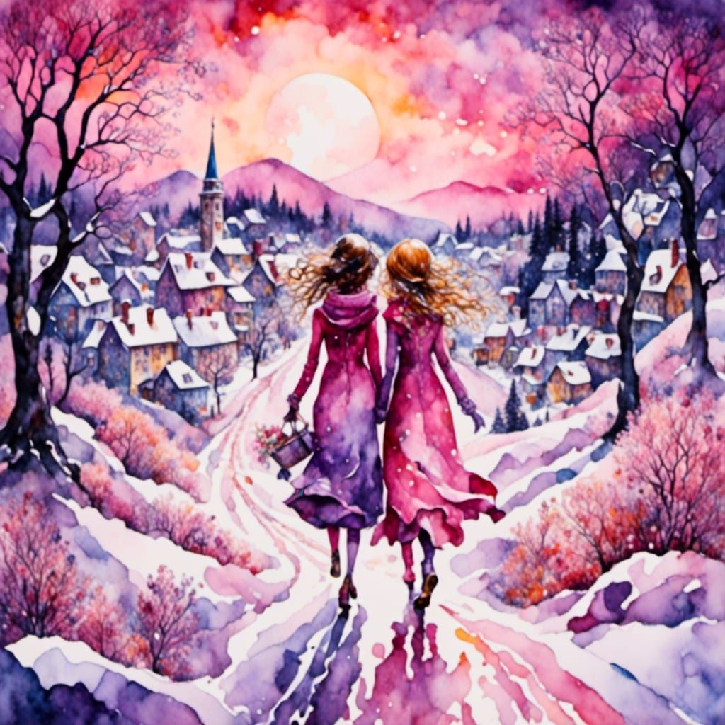 Whimsical Winter Sunrise Walk: A Romantic Watercolor