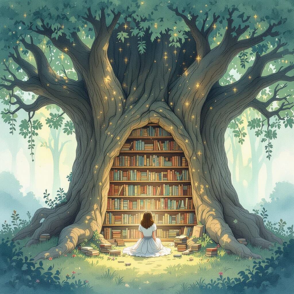 Celestial Library in Giant Tree Grove: Watercolor Fantasy