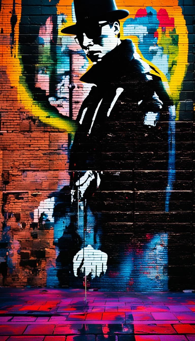 Shadowy Figure in Surrealist Street Art Alley