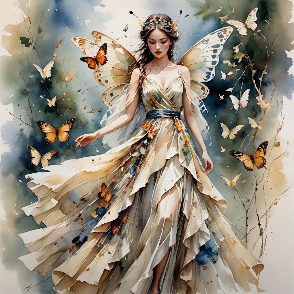 Watercolor of a Stunning Female Butterfly Wearing a  Long Bi...