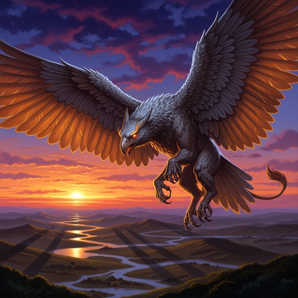 Griffin Soaring Through Twilight, Fantasy Art