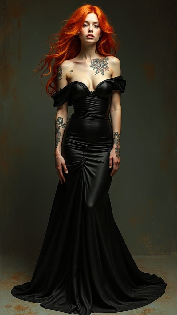 Redhead in Flowing Gown: Hyper-Realistic Portrait
