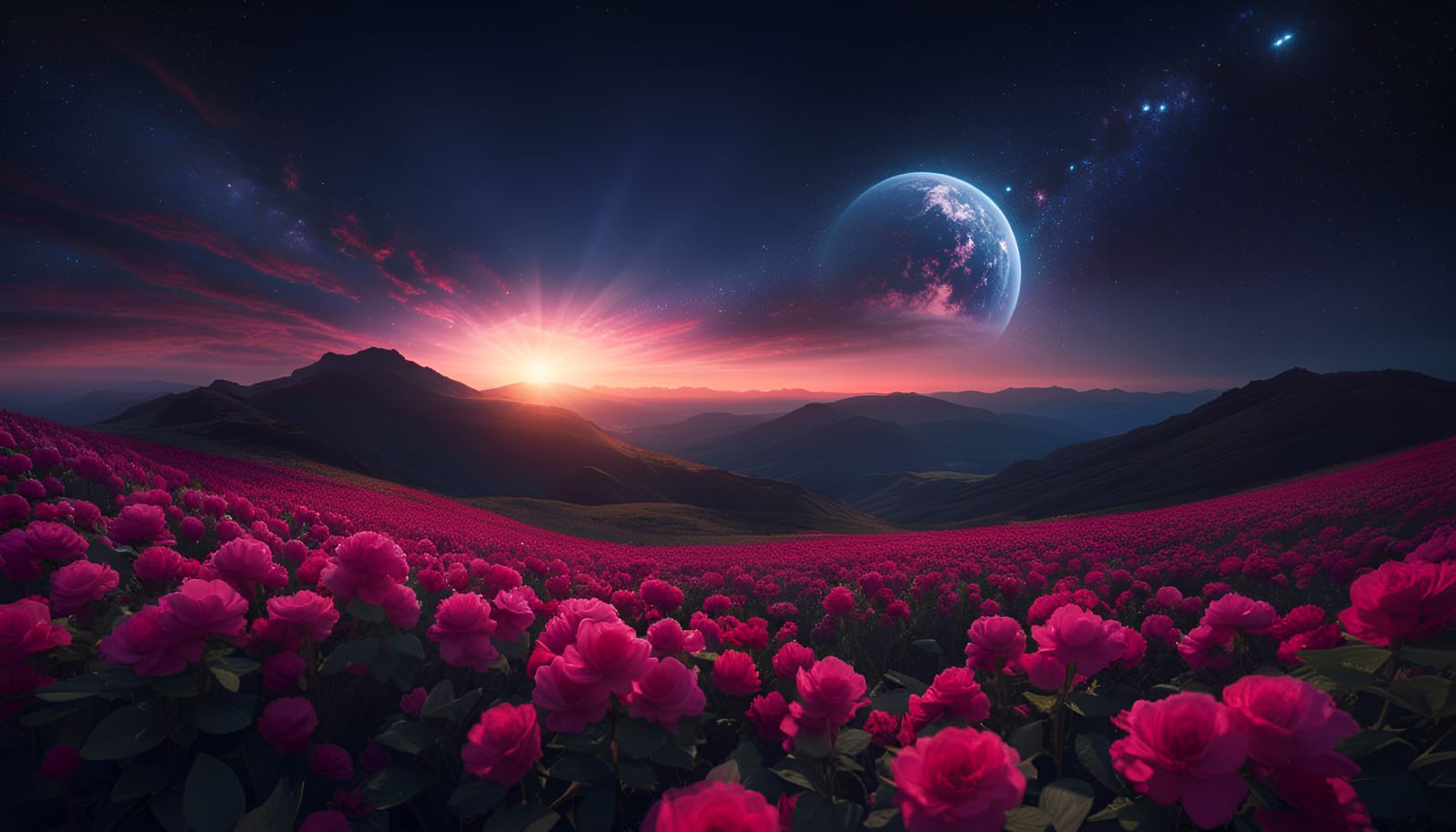 Surreal Cosmic Landscape of Vibrant Rose Fields