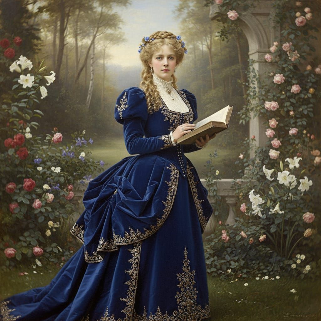 Victorian Woman in Blue Gown, Pre-Raphaelite Style