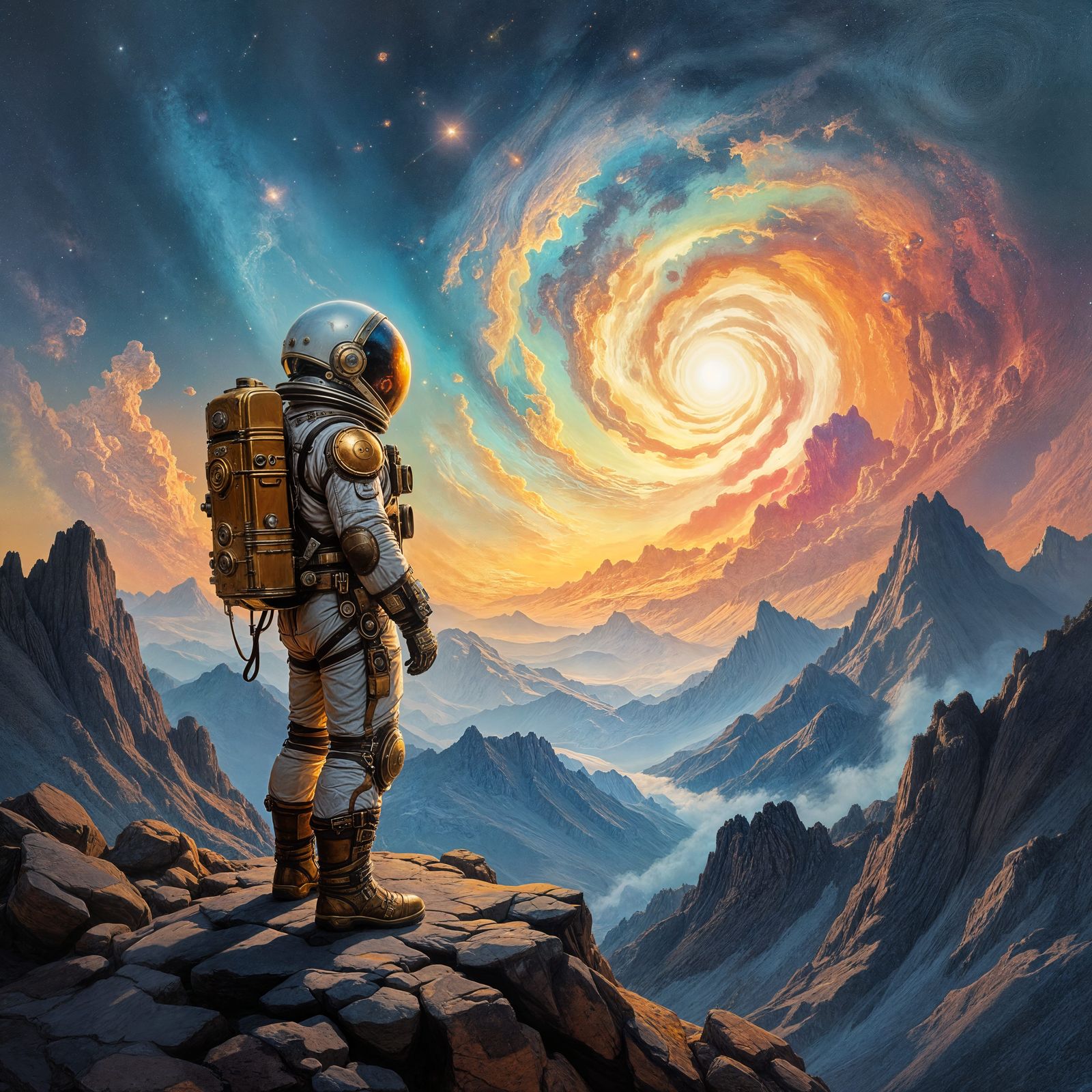 Steampunk Astronaut on Alien Peak in Nebula