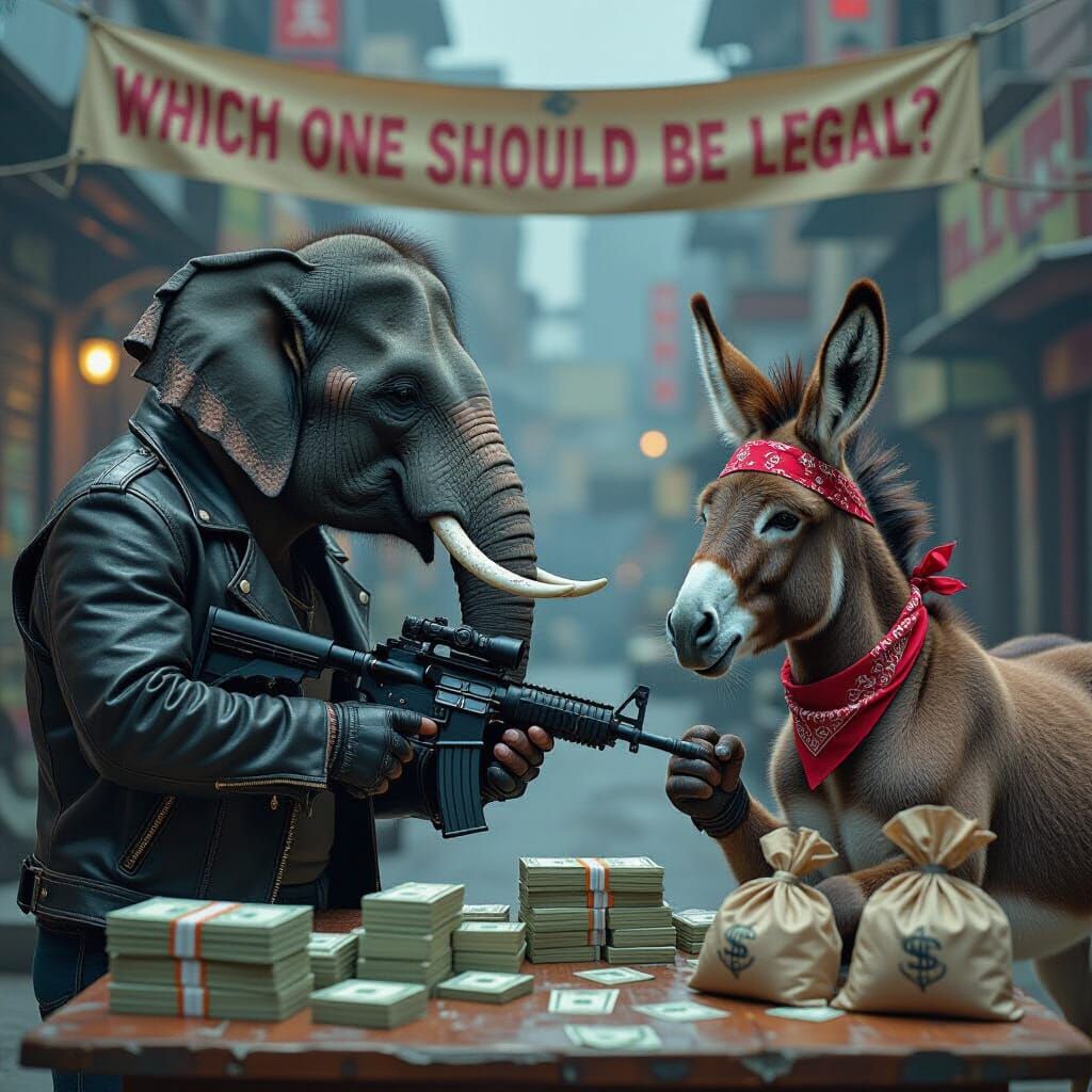 Elephant vs Donkey Standoff in Noir Style