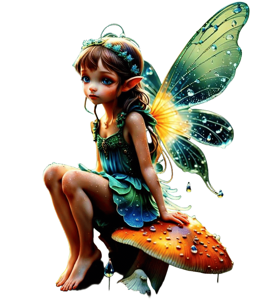 Macro Fairy on Mushroom, Morning Dew Photography