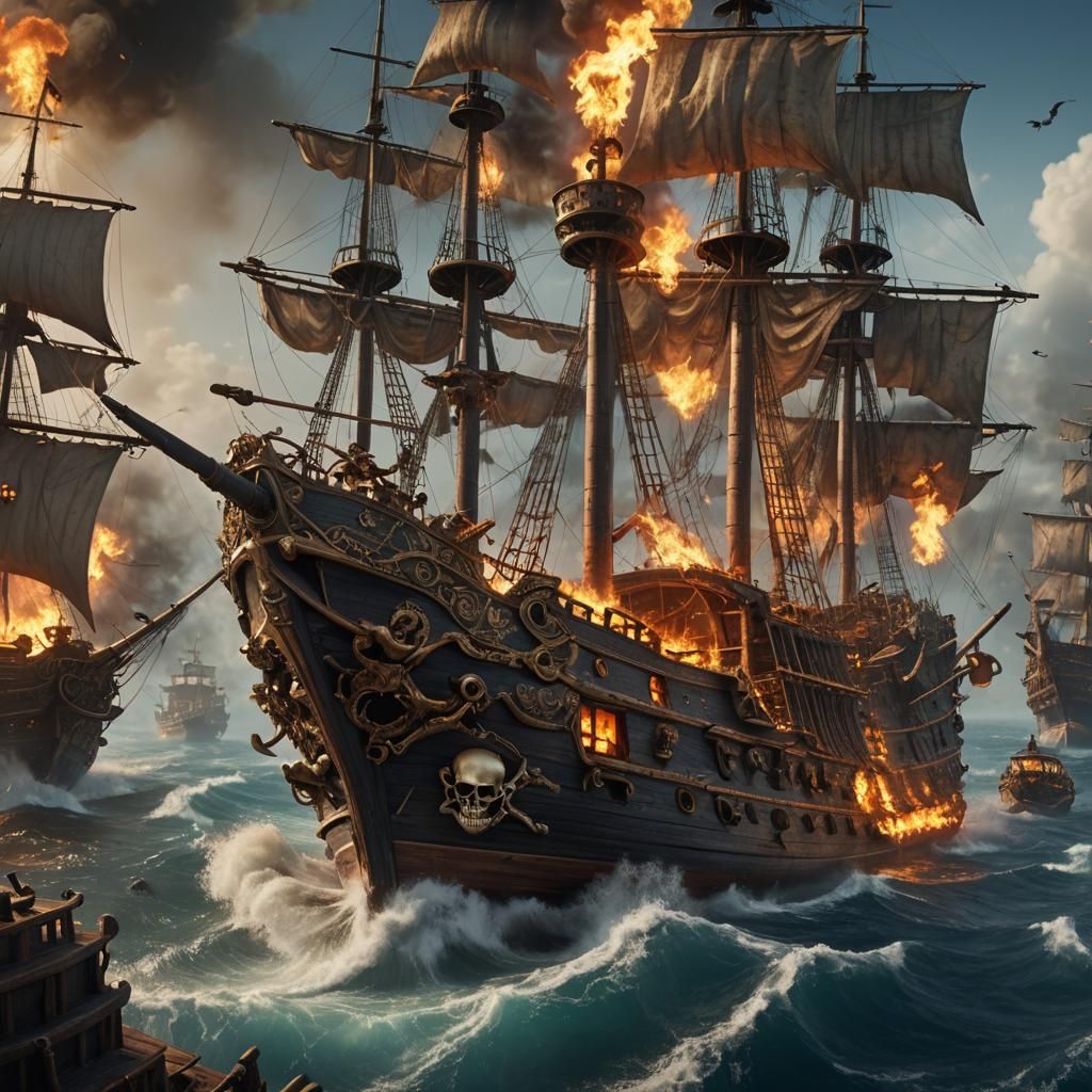 Pirate Ship with Cannons Firing, Detailed Matte Painting