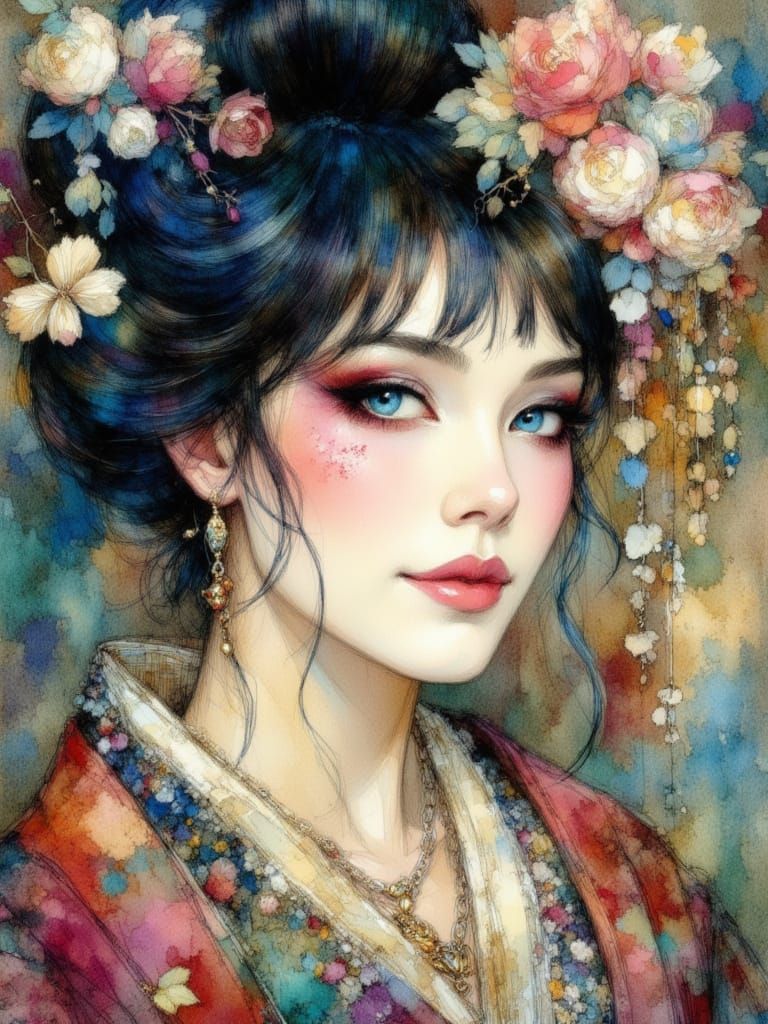 Geisha in Gothic Romantic Impressionistic Style
