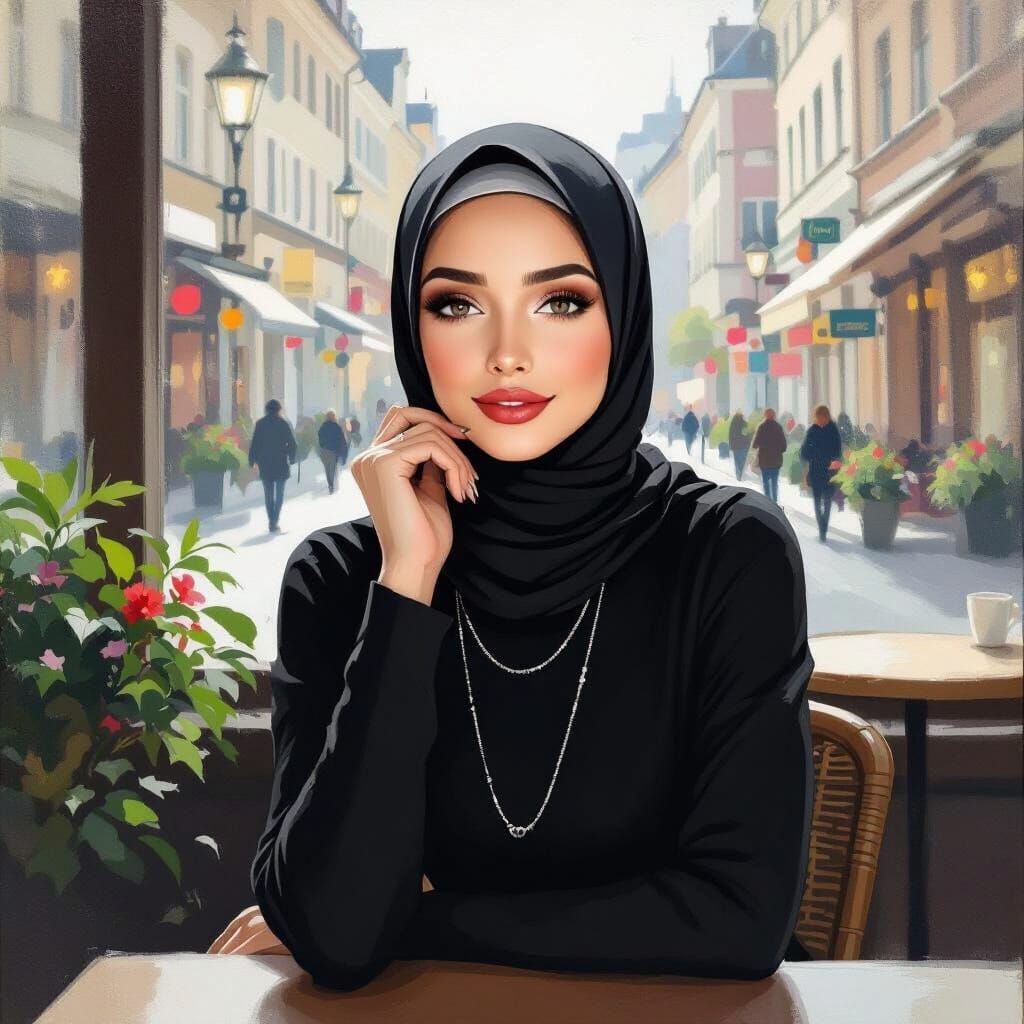 Minimalist Oil Painting Of A Smiling Woman In Hijab