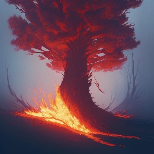 Burning Tree Illustration in Miyazaki Style