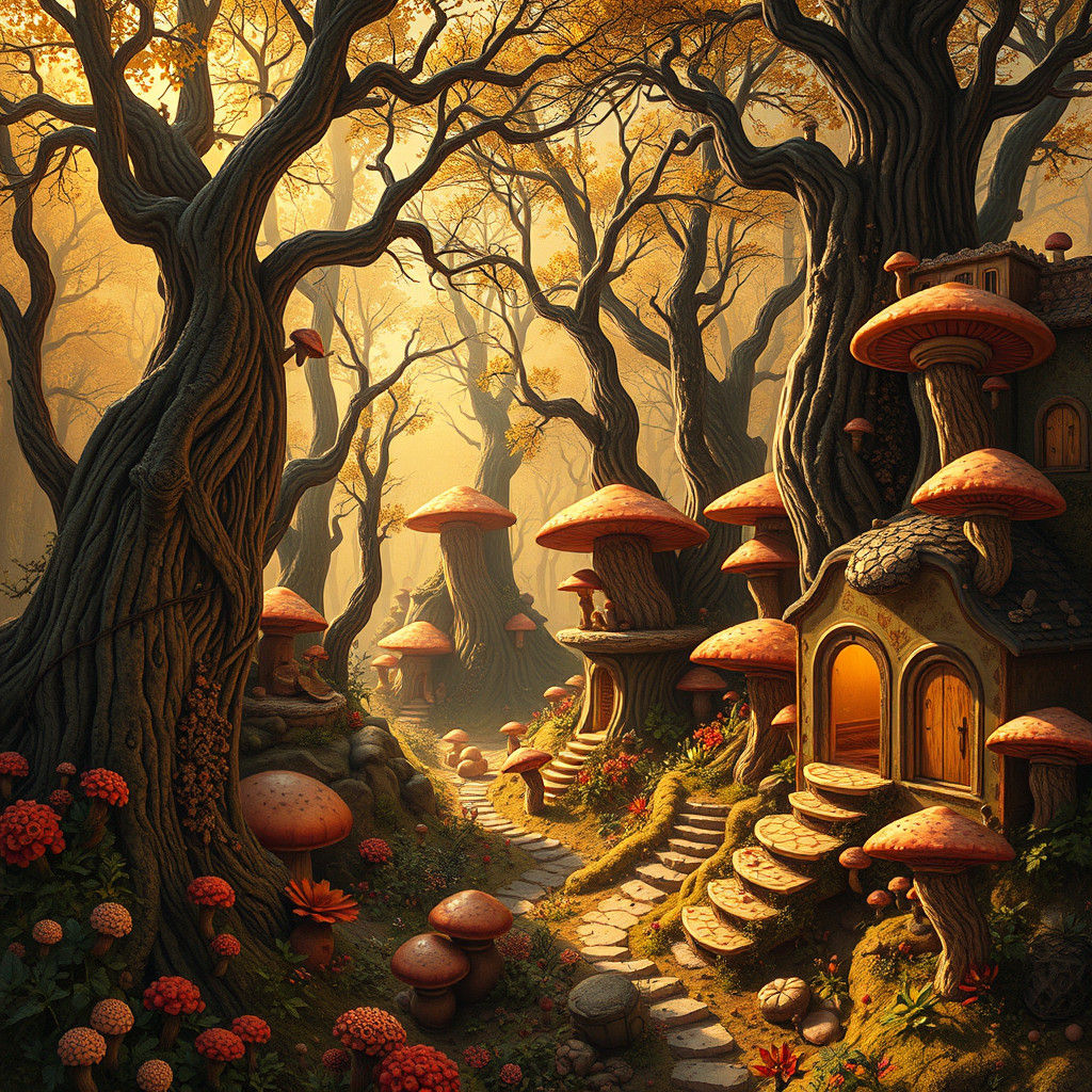 Whimsical Mushroom Forest in Florentine Colors