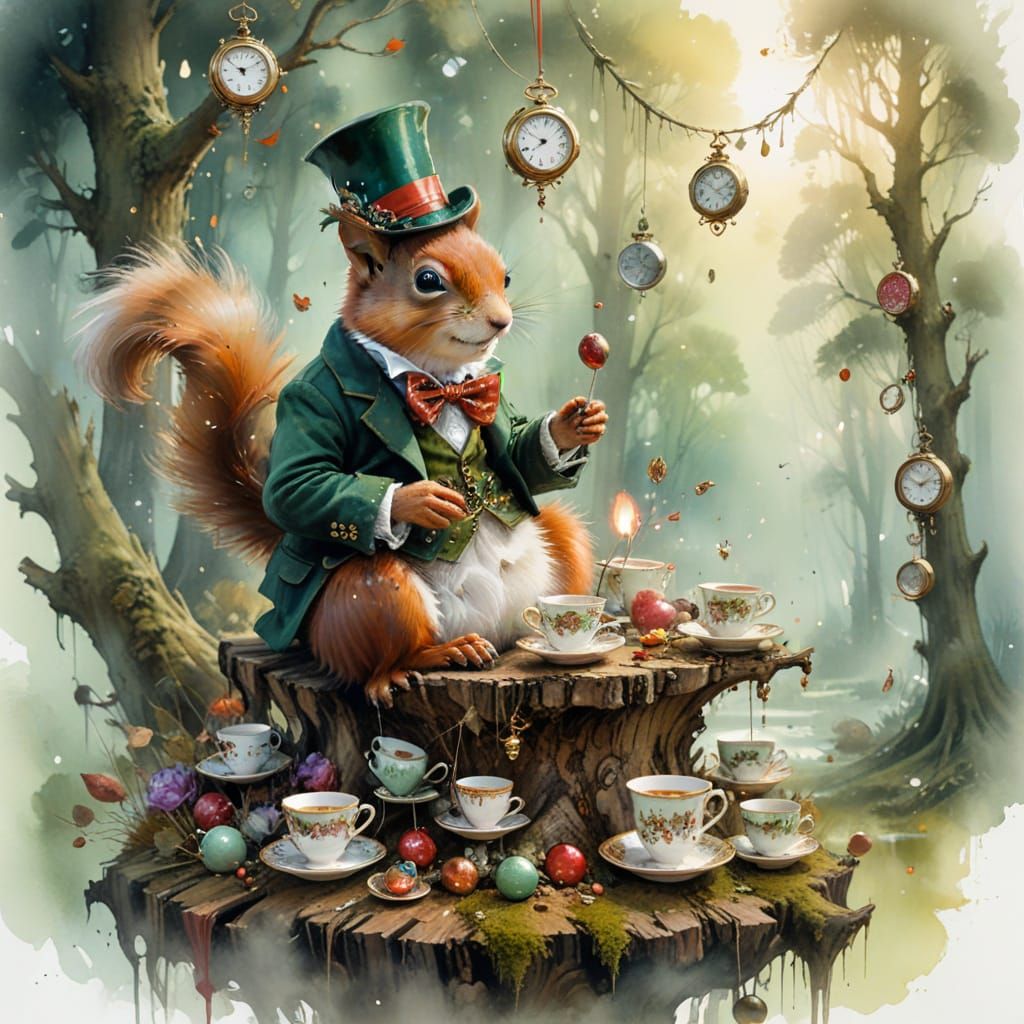 Squirrel Mad Hatter in Enchanted Grove, Digital Painting