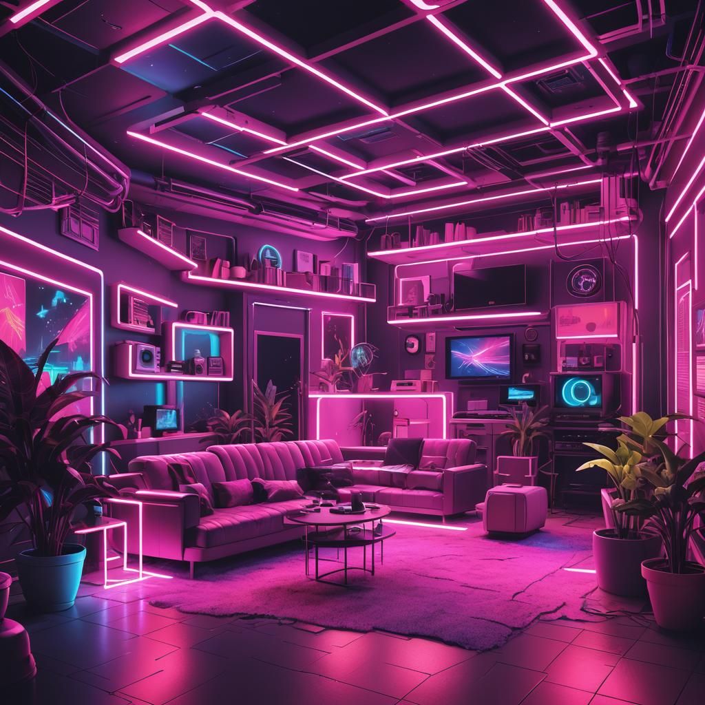 Synthwave Living Space in Neon Retro Style