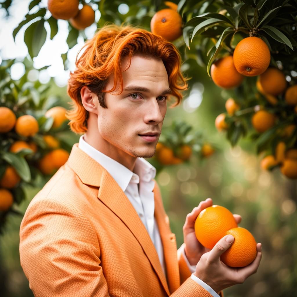 Young Man with Orange Hair Picking Oranges