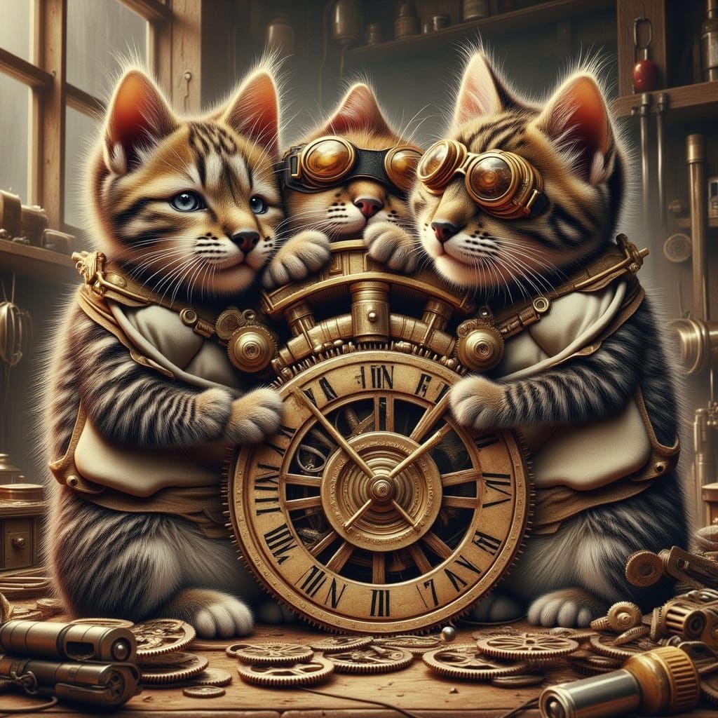 Kittens Build Clockwork Contraption in Humorous Comic Style