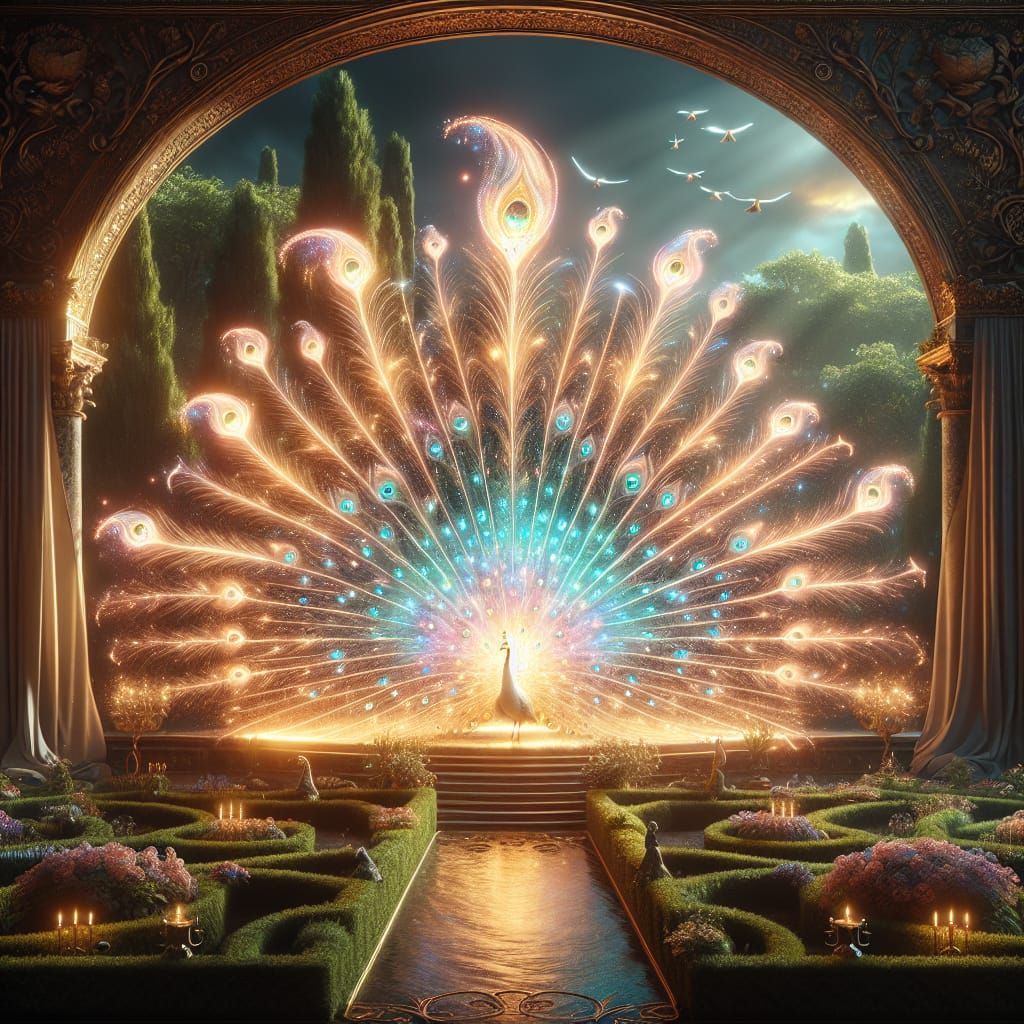 Enchanted Peacock Reveals Shimmering Worlds in Radiant Garde...