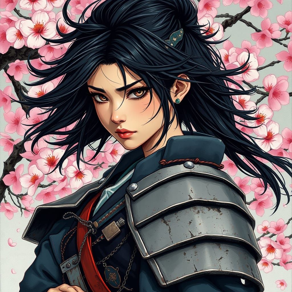 Japanese Warrior Woman in Hokusai Style