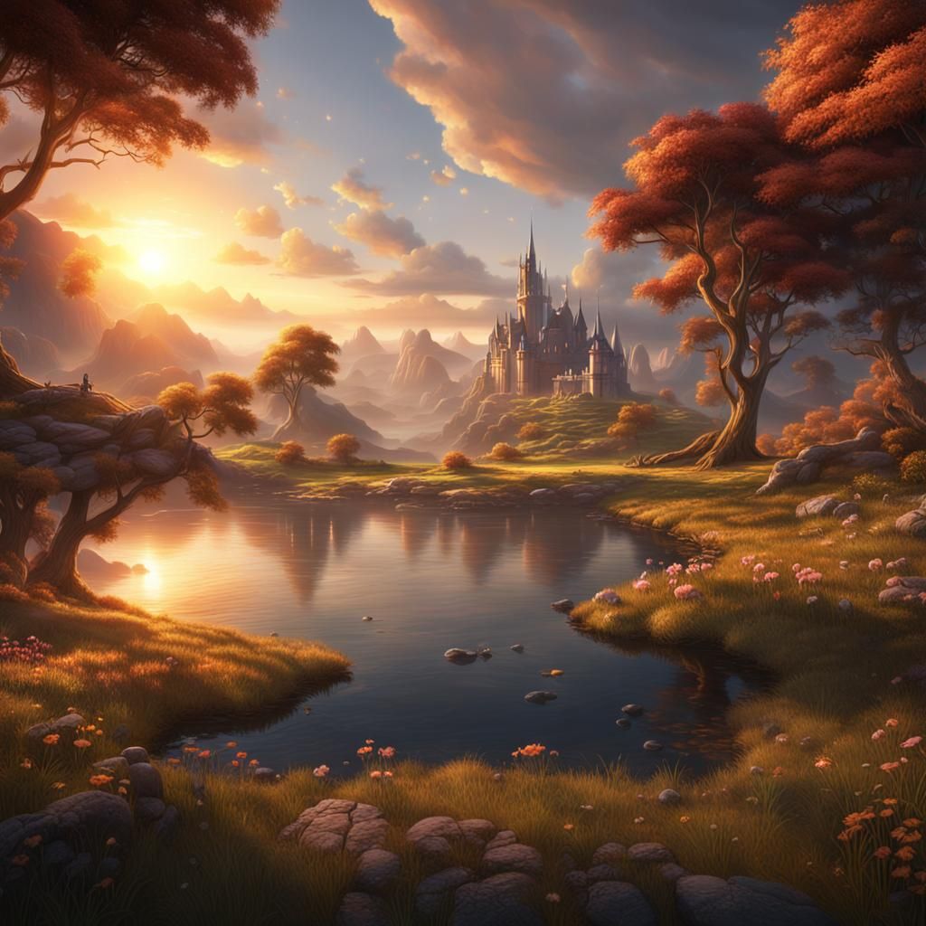 Peaceful Sunrise Landscape: Detailed Matte Painting