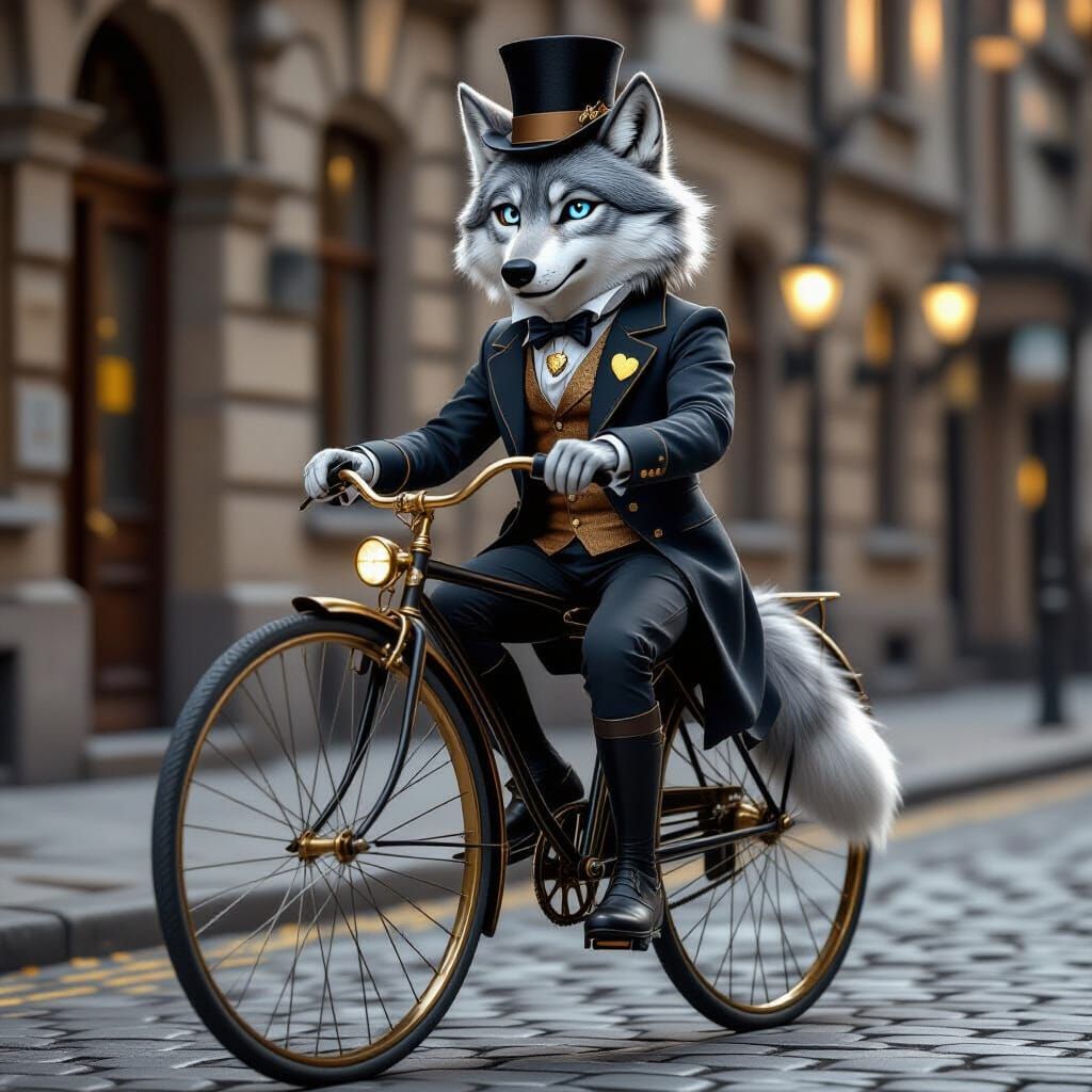 Wolf in Top Hat Rides Penny Farthing Bicycle