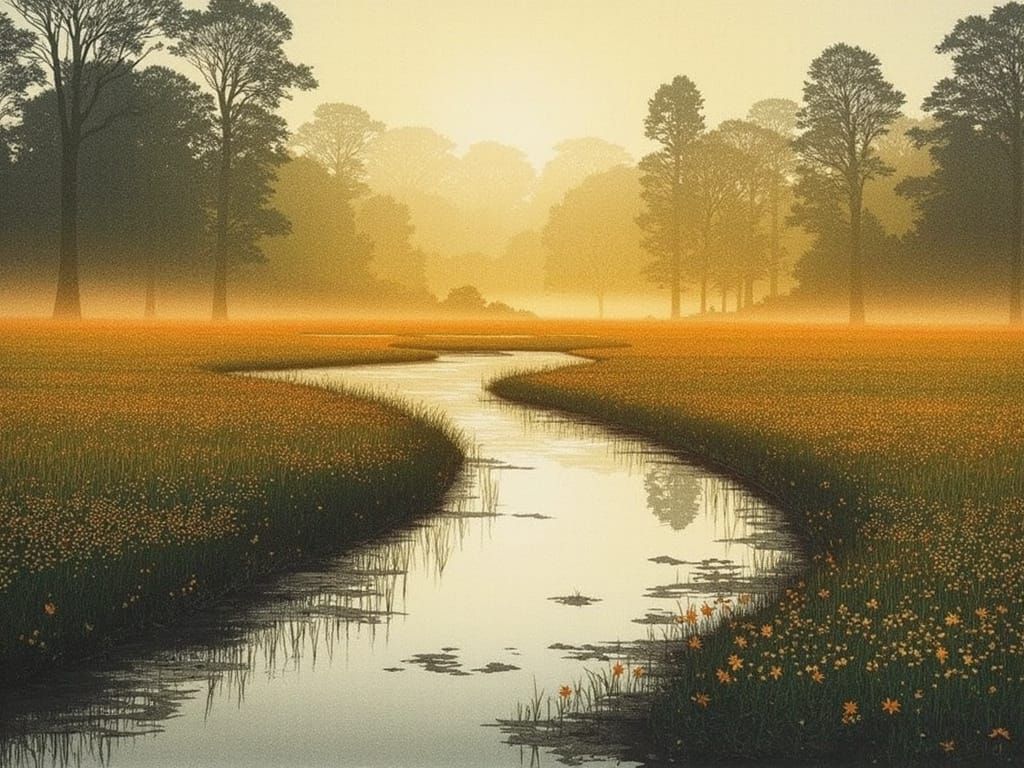 Misty Bog Landscape with Vibrant Wildflowers and Shimmering ...
