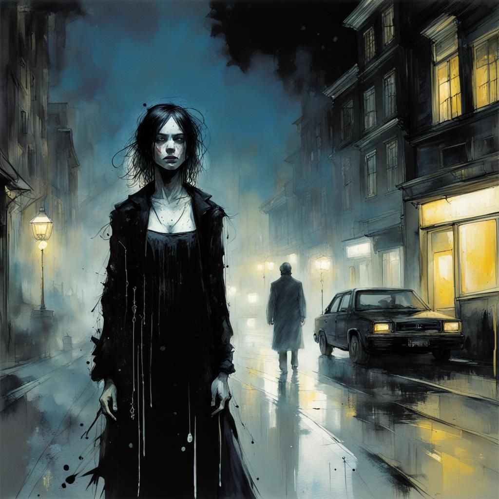 Gothic Woman in Foggy Stockholm Night