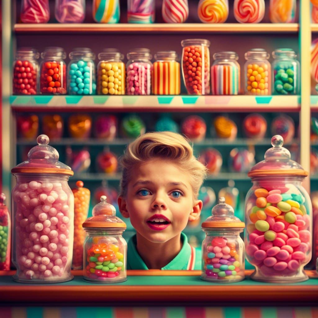 Retro Candy Shop with Happy Teenager