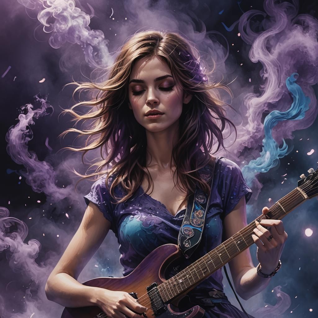 Girl with Purple Guitar in a Swirling Dreamscape