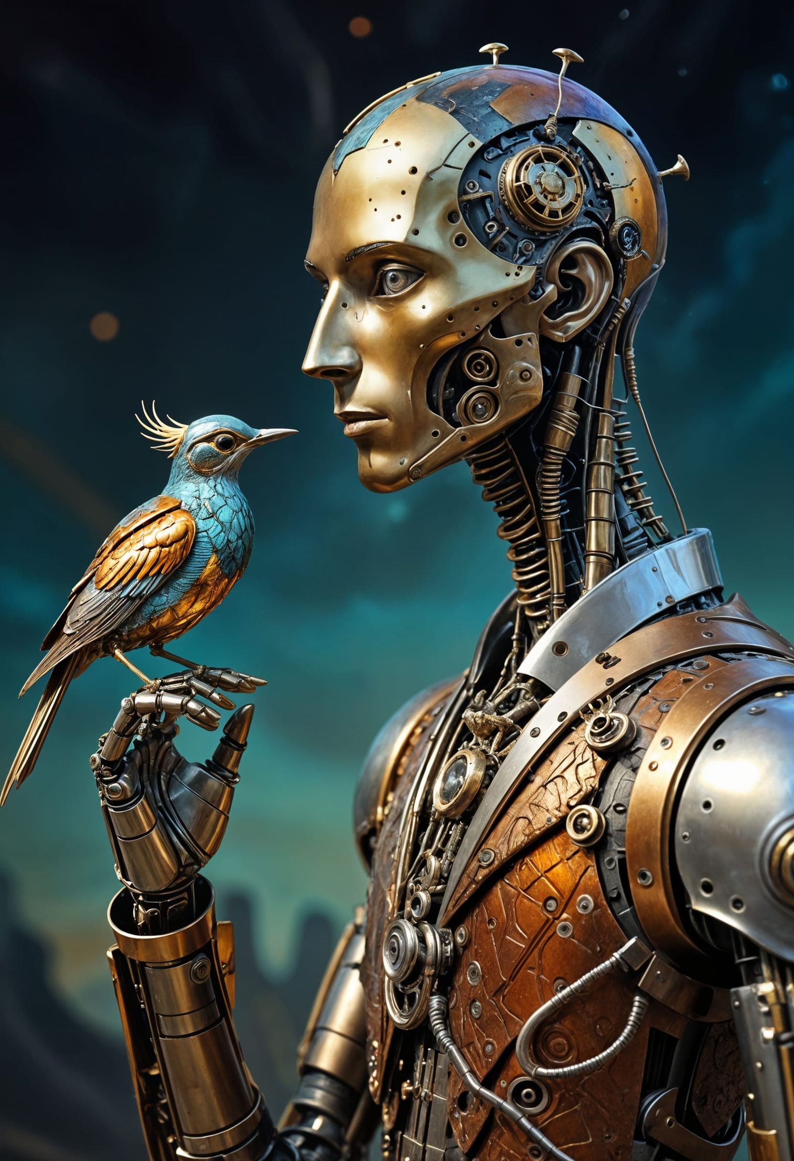 Steampunk Robot Observes Mechanical Bird on Alien Planet