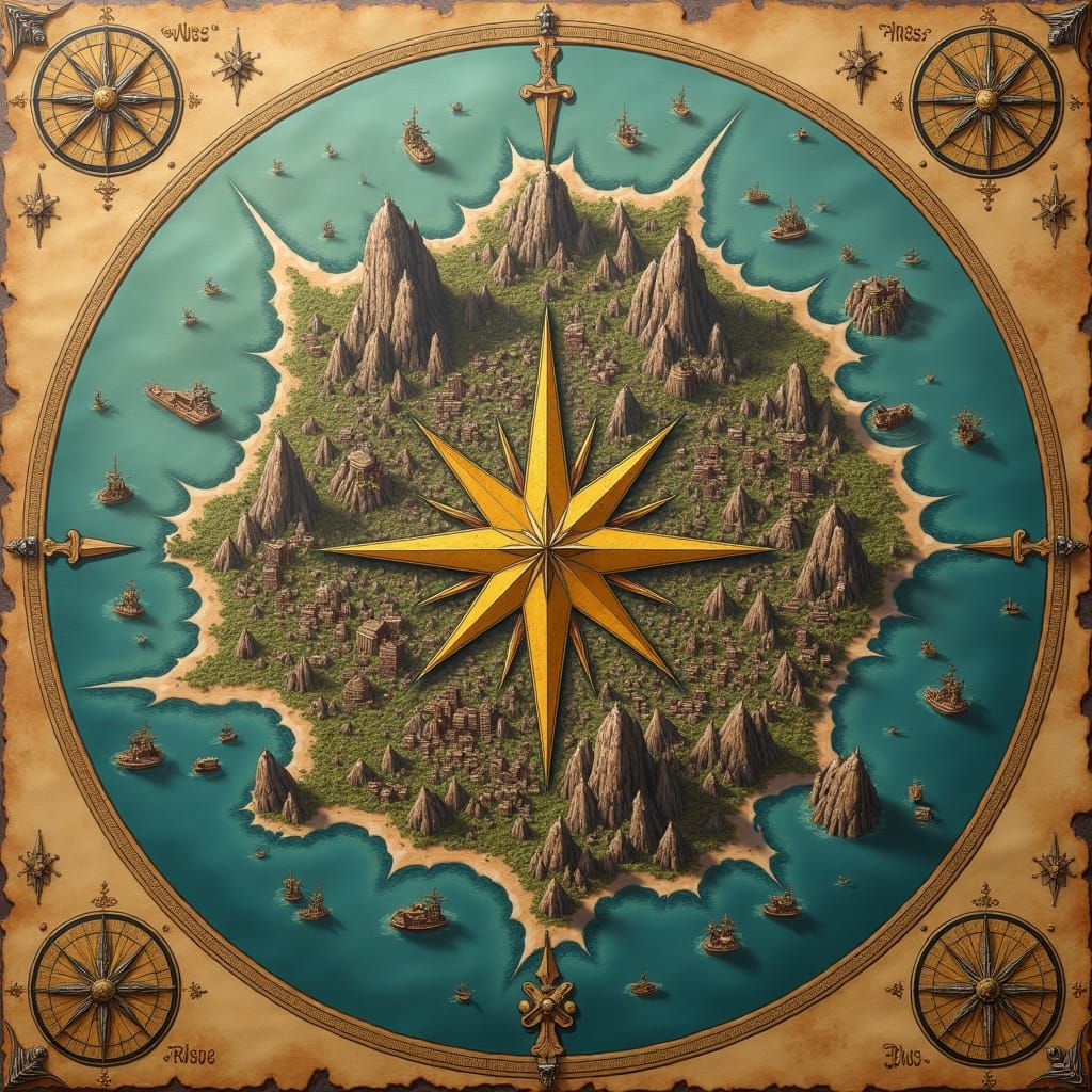 Antique Map of Hexagonal Coastal City