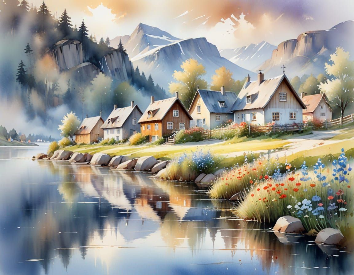 Nordic Village by Fjord in Watercolor Style