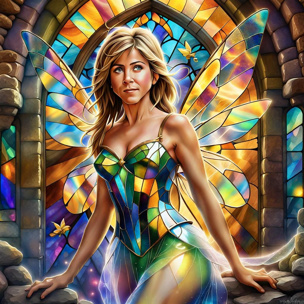 Jennifer Aniston as Tinkerbell in stained glass