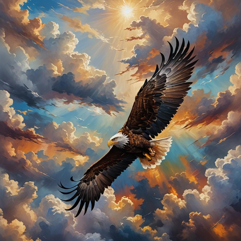 Majestic Eagle Soaring: Fantasy Oil Painting