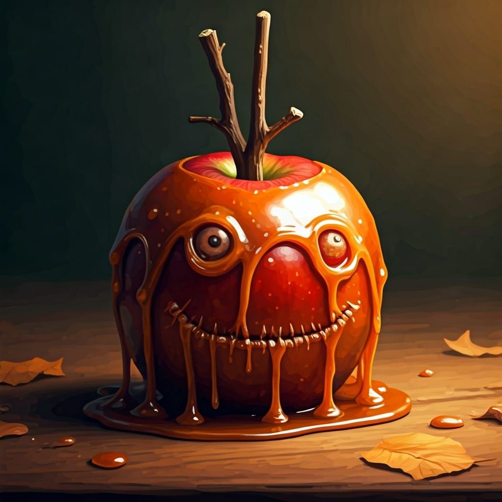 Paint a whimsically eerie gouache portrait of a sentient caramel apple perched upright on a wooden table. The apple’s gl...