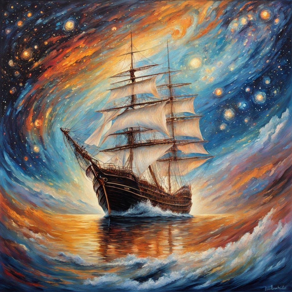 Cosmic Sailing Ship Emerging from Nebula in Impressionist St...