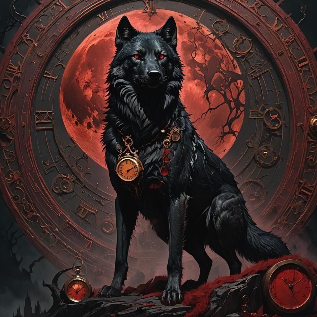 Clockwork Wolf Under a Crimson Moon
