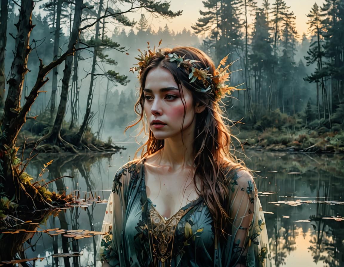 Ethereal Apparition in Foggy Lake: Watercolor Illustration