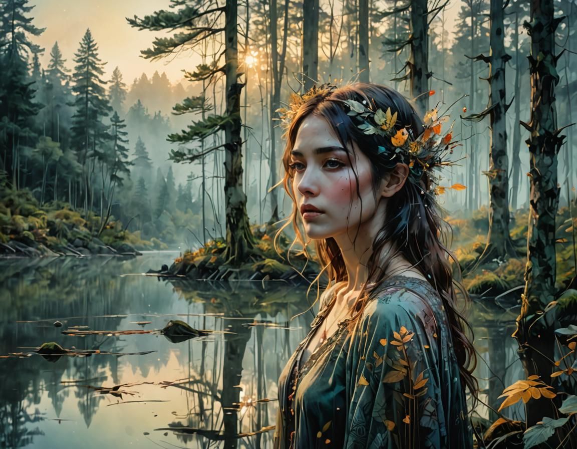 Ethereal Apparition on Foggy Lake: Digital Watercolor