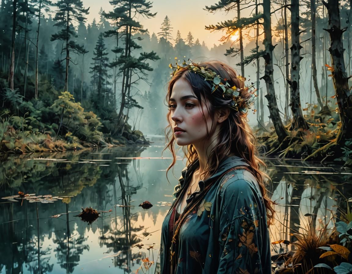 Foggy Lake Apparition: Digital Watercolour Illustration