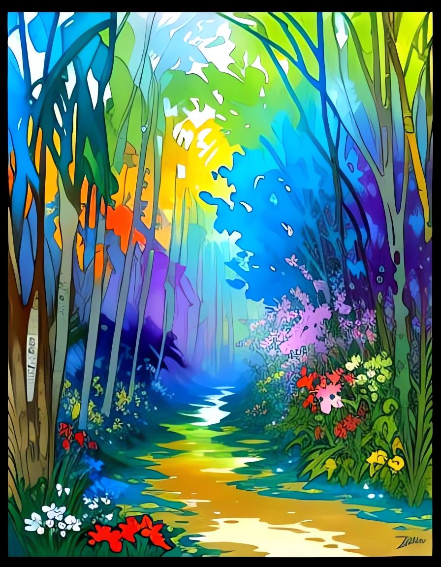 Vibrant Art Nouveau Jungle in Gouache Style